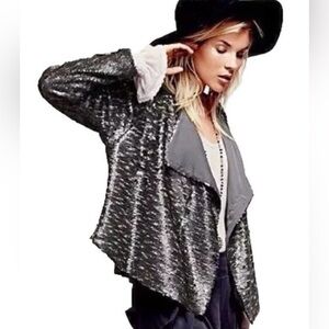 Free People Drippy Sequin Jacket Small Gray Cardigan Open‎ Front Waterfall Boho